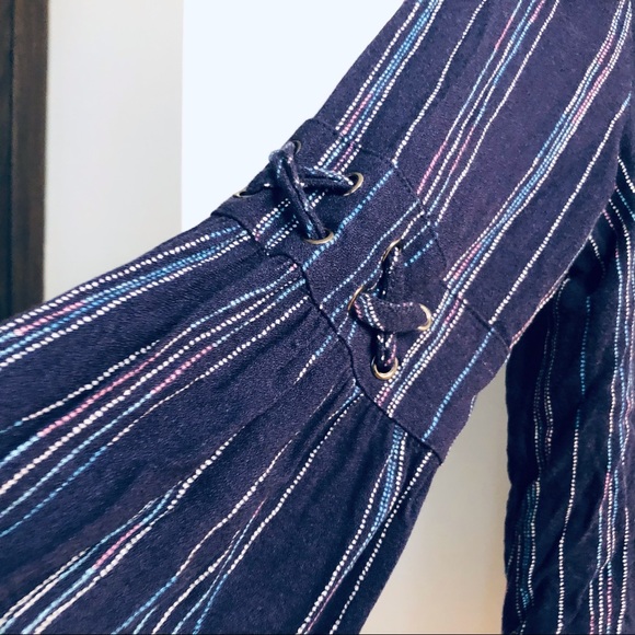 Pullover Top Pink Rose Striped Boho Top Laces & Bell Sleeves Size Small - Picture 4 of 7